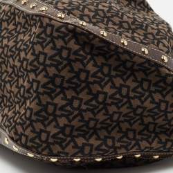 Pre Owned DKNY Brown/Black Signature Canvas And Leather Studded Hobo