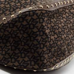 Pre Owned DKNY Brown/Black Signature Canvas And Leather Studded Hobo