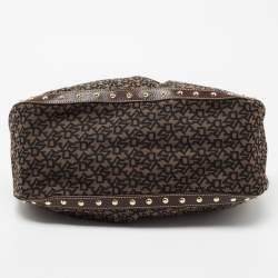 Pre Owned DKNY Brown/Black Signature Canvas And Leather Studded Hobo