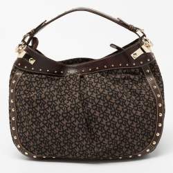 Pre Owned DKNY Brown/Black Signature Canvas And Leather Studded Hobo
