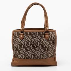 Pre Owned DKNY Beige/Tan Signature Canvas and Leather Tote