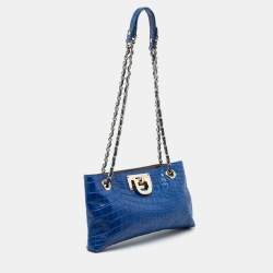 Pre Owned DKNY Blue Croc Embossed Leather Shoulder Bag
