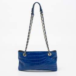 Pre Owned DKNY Blue Croc Embossed Leather Shoulder Bag