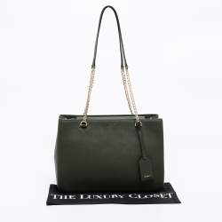 Pre Owned DKNY Olive Green Leather Large Bryant Park Chain Tote