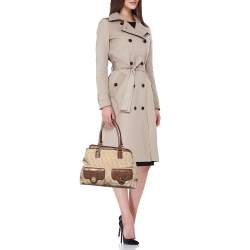 Pre Owned DKNY Beige/Brown Monogram Canvas and Croc Embossed Leather Turnlock Pocket Bag