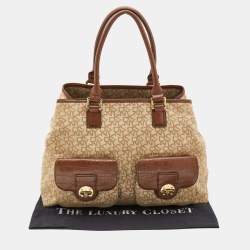 Pre Owned DKNY Beige/Brown Monogram Canvas and Croc Embossed Leather Turnlock Pocket Bag