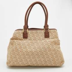 Pre Owned DKNY Beige/Brown Monogram Canvas and Croc Embossed Leather Turnlock Pocket Bag