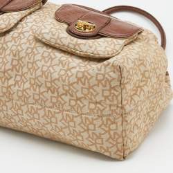 Pre Owned DKNY Beige/Brown Monogram Canvas and Croc Embossed Leather Turnlock Pocket Bag