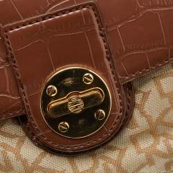 Pre Owned DKNY Beige/Brown Monogram Canvas and Croc Embossed Leather Turnlock Pocket Bag