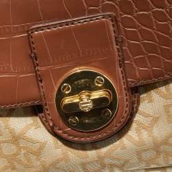 Pre Owned DKNY Beige/Brown Monogram Canvas and Croc Embossed Leather Turnlock Pocket Bag
