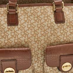 Pre Owned DKNY Beige/Brown Monogram Canvas and Croc Embossed Leather Turnlock Pocket Bag