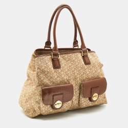Pre Owned DKNY Beige/Brown Monogram Canvas and Croc Embossed Leather Turnlock Pocket Bag