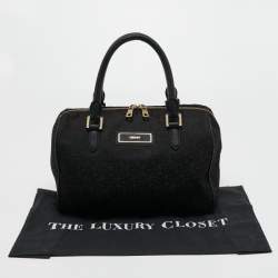 Pre Owned DKNY Black Signature Canvas and Leather Boston Bag