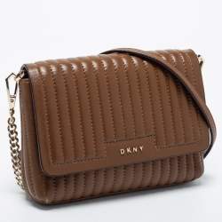 Pre Owned DKNY Brown Pinstripe Quilted Leather Small Gansevoort Flap Shoulder Bag
