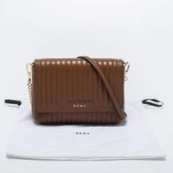 Pre Owned DKNY Brown Pinstripe Quilted Leather Small Gansevoort Flap Shoulder Bag