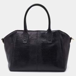 Pre Owned DKNY Black Lizard Embossed Leather Front Pocket Satchel