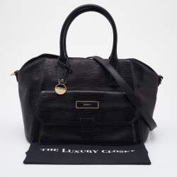 Pre Owned DKNY Black Lizard Embossed Leather Front Pocket Satchel