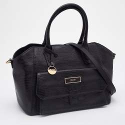 Pre Owned DKNY Black Lizard Embossed Leather Front Pocket Satchel