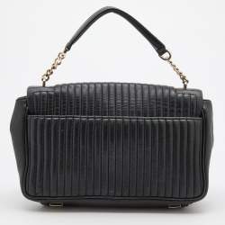 Pre Owned DKNY Black Pinstripe Quilted Leather Gansevoort Flap Top Handle Bag