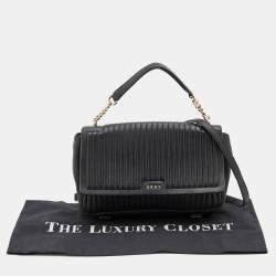 Pre Owned DKNY Black Pinstripe Quilted Leather Gansevoort Flap Top Handle Bag