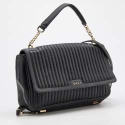 Pre Owned DKNY Black Pinstripe Quilted Leather Gansevoort Flap Top Handle Bag