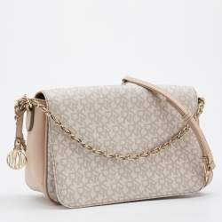 Pre Owned DKNY Beige/White Signature Coated Canvas and Leather Flap Shoulder Bag