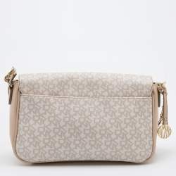 Pre Owned DKNY Beige/White Signature Coated Canvas and Leather Flap Shoulder Bag