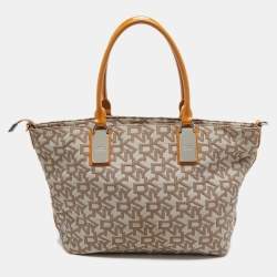 Pre Owned DKNY Beige Signature Canvas and Patent Leather Tote 