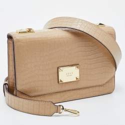 Pre Owned DKNY Cream Croc Embossed Leather Flap Shoulder Bag