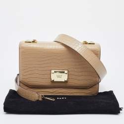 Pre Owned DKNY Cream Croc Embossed Leather Flap Shoulder Bag