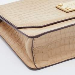 Pre Owned DKNY Cream Croc Embossed Leather Flap Shoulder Bag