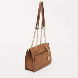 Pre Owned DKNY Tan Leather Bryant Zip Top Shoulder Bag