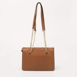 Pre Owned DKNY Tan Leather Bryant Zip Top Shoulder Bag