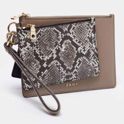Pre Owned Dkny Beige/Black Leather Triple Wristlet Pouch