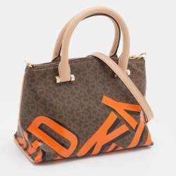 Pre Owned DKNY Brown/Beige Signature Coated Canvas and Leather Satchel
