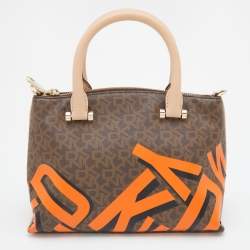 Pre Owned DKNY Brown/Beige Signature Coated Canvas and Leather Satchel