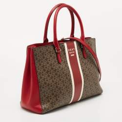 Pre Owned Dkny Brown/Red Signature Canvas and Leather Tote