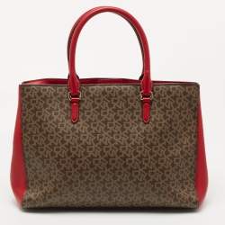 Pre Owned Dkny Brown/Red Signature Canvas and Leather Tote