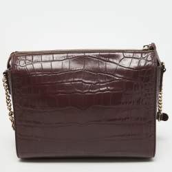 Pre Owned DKNY Burgundy Croc Embossed Leather Front Pocket Chain Shoulder Bag