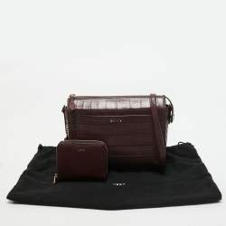 Pre Owned DKNY Burgundy Croc Embossed Leather Front Pocket Chain Shoulder Bag