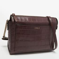 Pre Owned DKNY Burgundy Croc Embossed Leather Front Pocket Chain Shoulder Bag