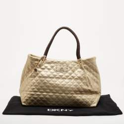 Pre Owned DKNY Gold Quilted Leather Braided Handle Tote