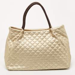 Pre Owned DKNY Gold Quilted Leather Braided Handle Tote