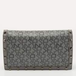 Pre Owned DKNY Grey Signature Coated Canvas Studded Flap Shoulder Bag
