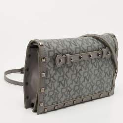 Pre Owned DKNY Grey Signature Coated Canvas Studded Flap Shoulder Bag