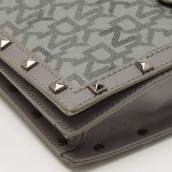 Pre Owned DKNY Grey Signature Coated Canvas Studded Flap Shoulder Bag