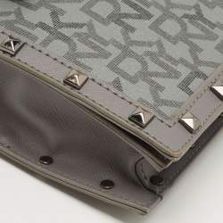 Pre Owned DKNY Grey Signature Coated Canvas Studded Flap Shoulder Bag