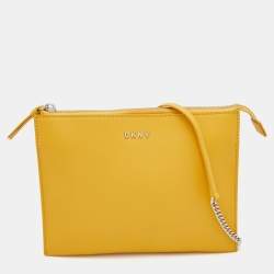 Pre Owned DKNY Mustard Leather Top Zip Crossbody Bag