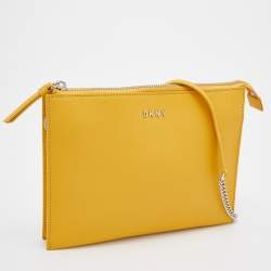 Pre Owned DKNY Mustard Leather Top Zip Crossbody Bag