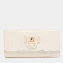 Pre Owned Dkny Off White Croc Embossed Leather Flap Continental Wallet